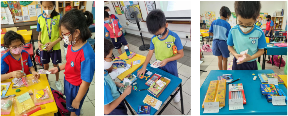 Three photos of masked primary school children in uniforms handling craft supplies and stationery at classroom tables.